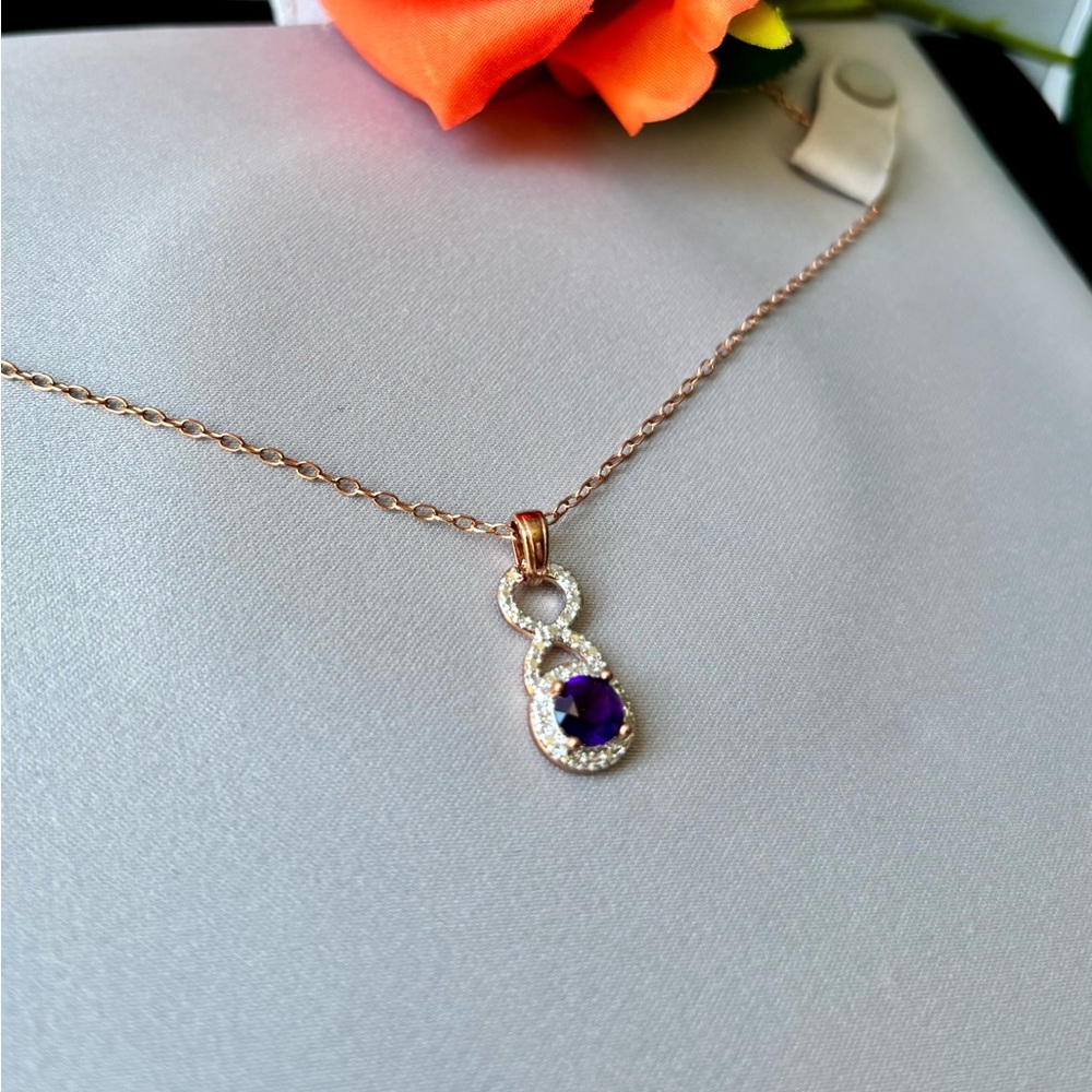 PAJ Amethyst Pendant Necklace Purple Gemstone Rose Gold Tone Necklace